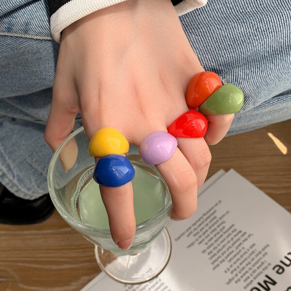 

6pcs Simple Resin Ring, Multicolor