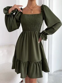 SHEIN LUNE Vestido de cuello cuadrado con corpiño con fruncido de manga con volante bajo con fruncido - Verde militar - Ver 4