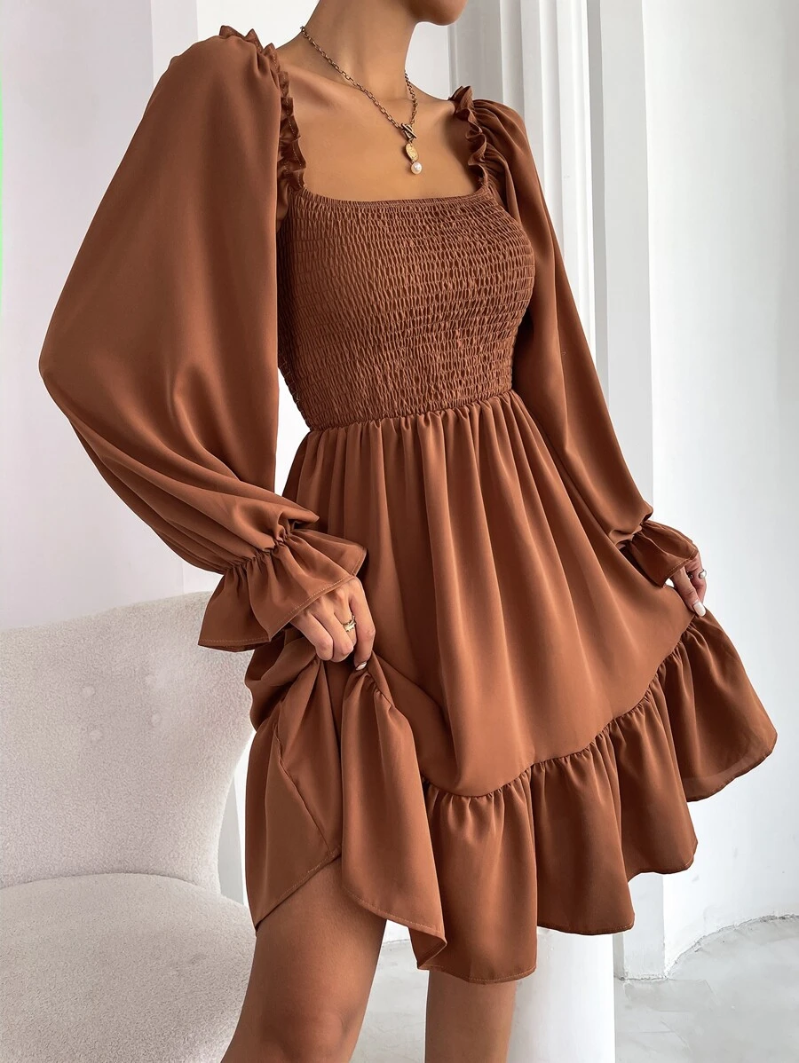 Chiquease Square Neck Shirred Bodice Flounce Sleeve Ruffle Hem Dress Fall Cloth For Women - Camel - View 1