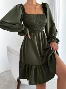 SHEIN LUNE Vestido de cuello cuadrado con corpiño con fruncido de manga con volante bajo con fruncido - Verde militar - Ver 6