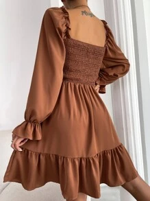 Chiquease Square Neck Shirred Bodice Flounce Sleeve Ruffle Hem Dress Fall Cloth For Women - Camel - View 2