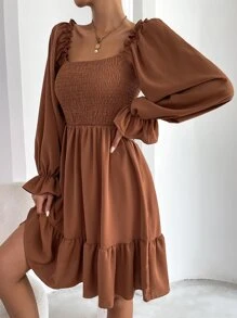 Chiquease Square Neck Shirred Bodice Flounce Sleeve Ruffle Hem Dress Fall Cloth For Women - Camel - View 3