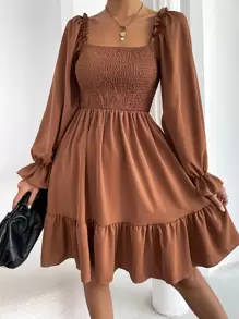 Chiquease Square Neck Shirred Bodice Flounce Sleeve Ruffle Hem Dress Fall Cloth For Women - Camel - View 4