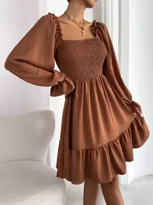 Chiquease Square Neck Shirred Bodice Flounce Sleeve Ruffle Hem Dress Fall Cloth For Women - Camel - View 5