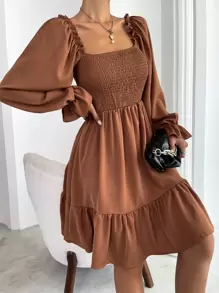 Chiquease Square Neck Shirred Bodice Flounce Sleeve Ruffle Hem Dress Fall Cloth For Women - Camel - View 6
