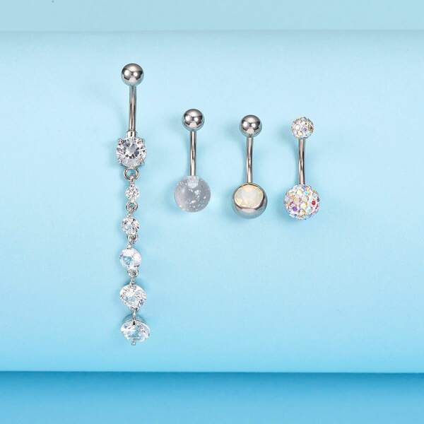 

4pcs Rhinestone Navel Belly Ring, Multicolor
