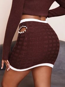 Slaydiva Contrast Trim Cut Out Pearls Beaded Knit Skirt - Chocolate Brown - View 2