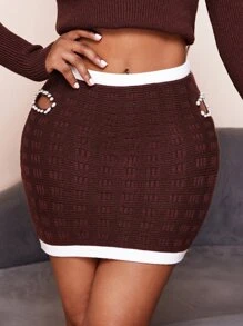 Slaydiva Contrast Trim Cut Out Pearls Beaded Knit Skirt - Chocolate Brown - View 3
