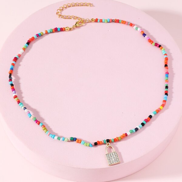 

Lock Pendant Beaded Necklace, Multicolor