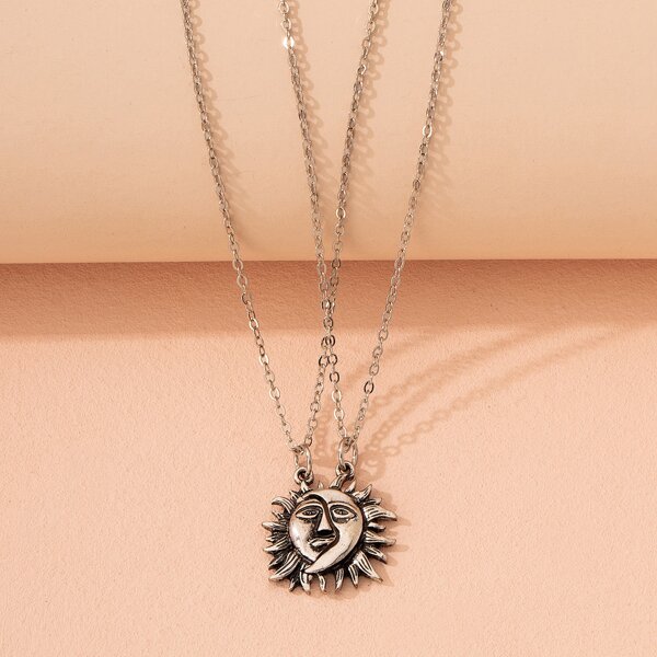 

2pcs Sun Pendant Necklace, Silver