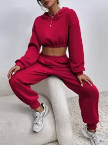 SHEIN Unity Drop Shoulder Crop Hoodie & Joggers - Red - View 1