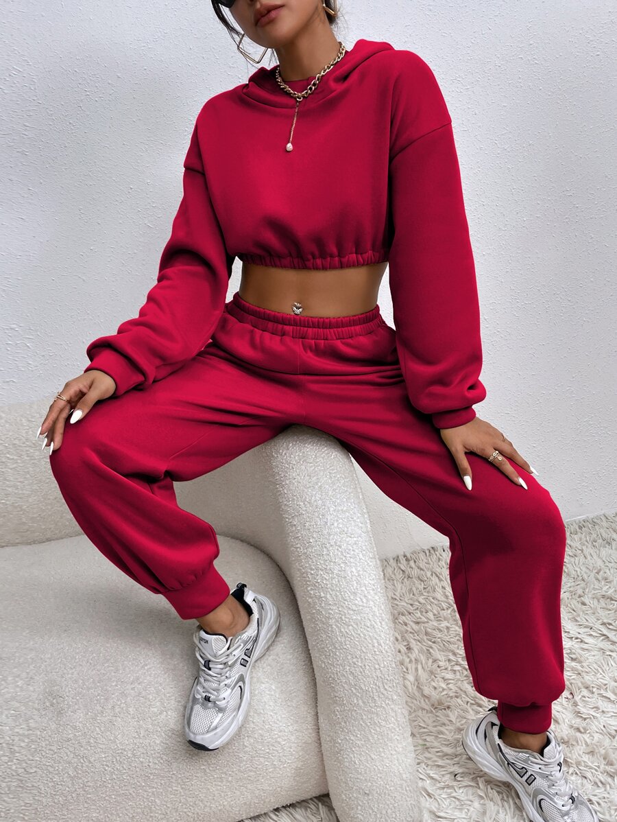 SHEIN Unity Drop Shoulder Crop Hoodie & Joggers - Red - View 1