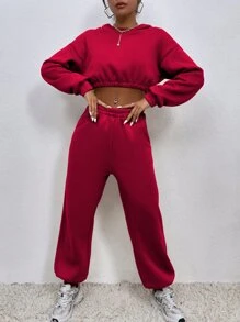 SHEIN Unity Drop Shoulder Crop Hoodie & Joggers - Red - View 3