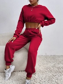 SHEIN Unity Drop Shoulder Crop Hoodie & Joggers - Red - View 5