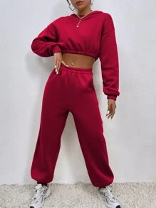SHEIN Unity Drop Shoulder Crop Hoodie & Joggers - Red - View 6