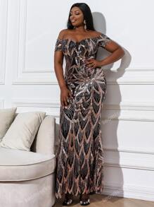 Plus Sheer Mesh Insert Off Shoulder Sequins Prom Dress
