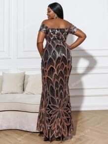 Plus Sheer Mesh Insert Off Shoulder Sequins Prom Dress
