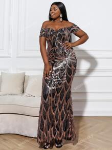 Plus Sheer Mesh Insert Off Shoulder Sequins Prom Dress