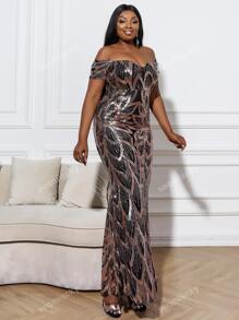 Plus Sheer Mesh Insert Off Shoulder Sequins Prom Dress