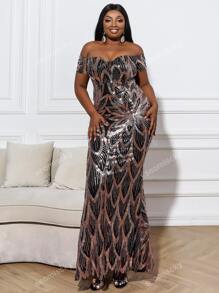 Plus Sheer Mesh Insert Off Shoulder Sequins Prom Dress