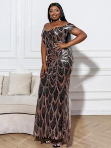 Plus Sheer Mesh Insert Off Shoulder Sequins Prom Dress