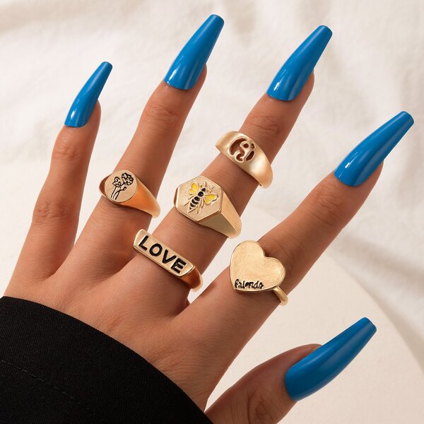 

5pcs Letter Graphic Ring, Gold