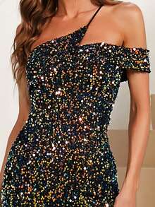 Missord Vestido de fiesta de un hombro de muslo con abertura con lentejuelas - Negro - Ver 7