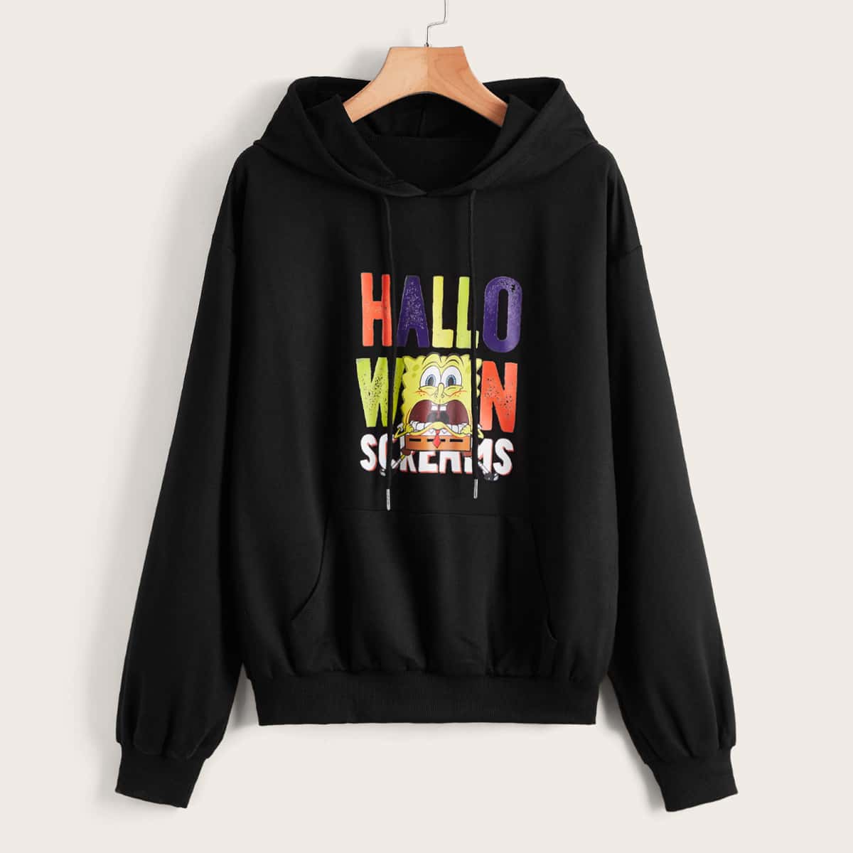 

Halloween Print Kangaroo Pocket Hoodie, Black