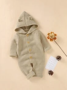 Baby Boy Hooded Sweater Romper - Khaki - View 1
