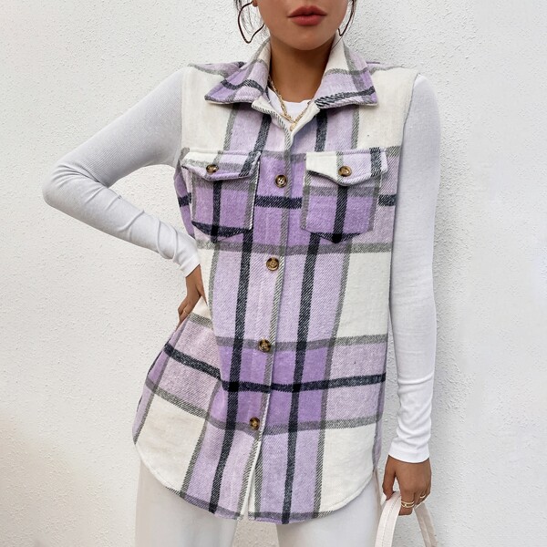 

Plaid Flap Pocket Vest Overcoat, Multicolor