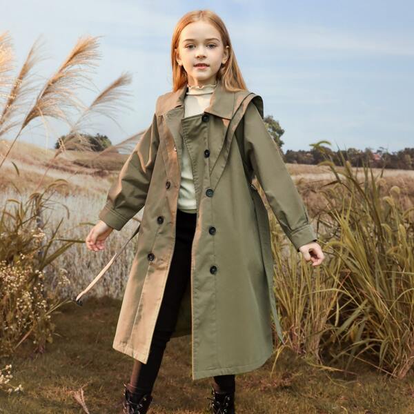 

Girls Double Breasted Belted Trench Coat, Army green