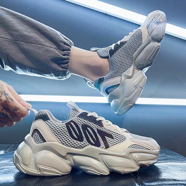 

Men Letter Graphic Breathable Lace-up Front Chunky Sneakers, Grey