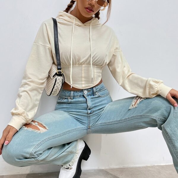 

Solid Drawstring Asymmetrical Hem Hoodie, Khaki