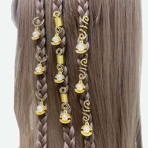 

9pcs Faux Pearl Decor Hair Ring, Gold