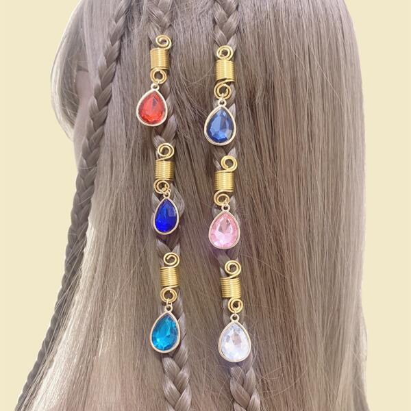

6pcs Rhinestone Water Drop Decor Hair Ring, Multicolor