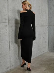 Modelyn Ladies áo len váy Cắt ra Chia màu trơn Thanh lịch - màu đen - Xem 2