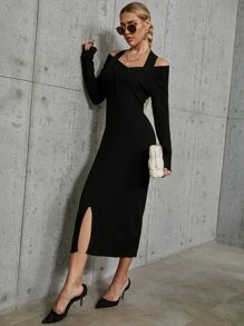 Modelyn Ladies áo len váy Cắt ra Chia màu trơn Thanh lịch - màu đen - Xem 3