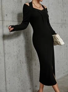 Modelyn Ladies áo len váy Cắt ra Chia màu trơn Thanh lịch - màu đen - Xem 4