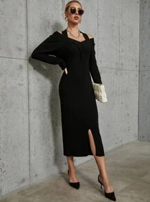 Modelyn Ladies áo len váy Cắt ra Chia màu trơn Thanh lịch - màu đen - Xem 5