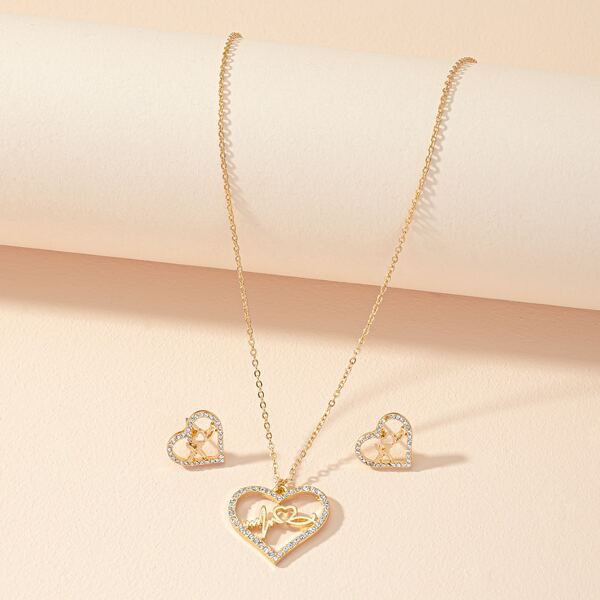 

3pcs Heart Pendant Jewelry Set, Gold