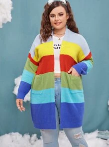 大碼撞色落肩袖雙口袋開襟衫 - 彩色 - 查看 1