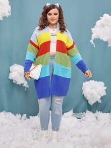 大碼撞色落肩袖雙口袋開襟衫 - 彩色 - 查看 3