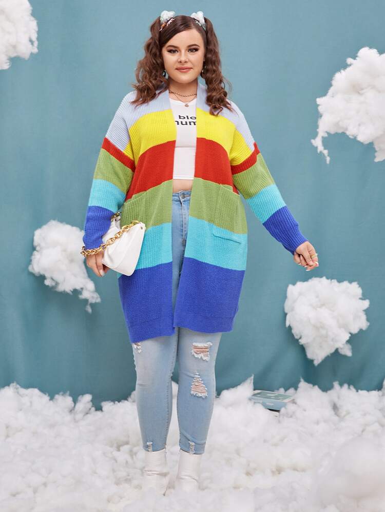 Cárdigan de color combinado de hombros caídos con doble bolsillo - Multicolor - Añade 3