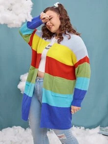 大碼撞色落肩袖雙口袋開襟衫 - 彩色 - 查看 4