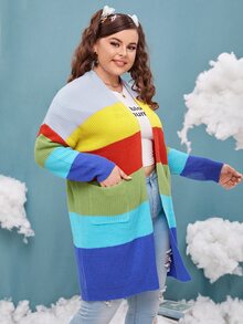 大碼撞色落肩袖雙口袋開襟衫 - 彩色 - 查看 5