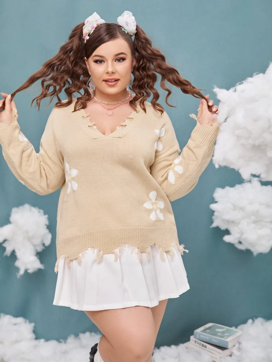 SHEIN Qutie 大碼花卉圖案落肩袖破洞毛衣 - 卡其色 - 查看 1