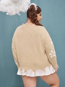 SHEIN Qutie 大碼花卉圖案落肩袖破洞毛衣 - 卡其色 - 查看 2