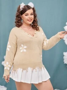 SHEIN Qutie 大碼花卉圖案落肩袖破洞毛衣 - 卡其色 - 查看 4