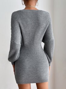 Surplice Neck Sweater Dress - Grey - View 2
