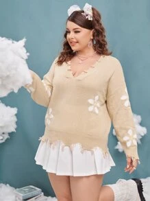 SHEIN Qutie 大碼花卉圖案落肩袖破洞毛衣 - 卡其色 - 查看 5